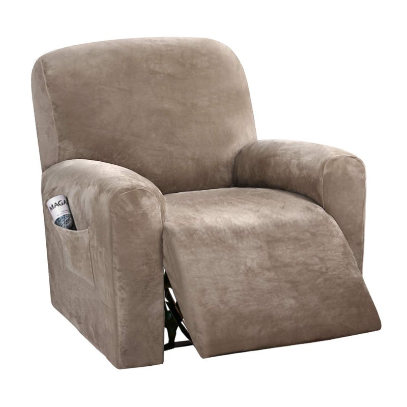 H.VERSAILTEX Velvet Stretch Recliner Couch Covers 4-Pieces Style Recliner Chair Covers Recliner Cover for Reclining Chair Slipcovers Feature Non Slip Form Fitted Thick Soft Washable, Taupe - Image 1